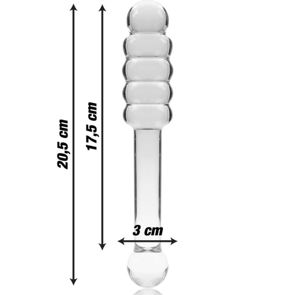Borosilikatglas-Dildo, 20,5 cm lang, mit geripptem Kopf und kugelförmigem Griff.