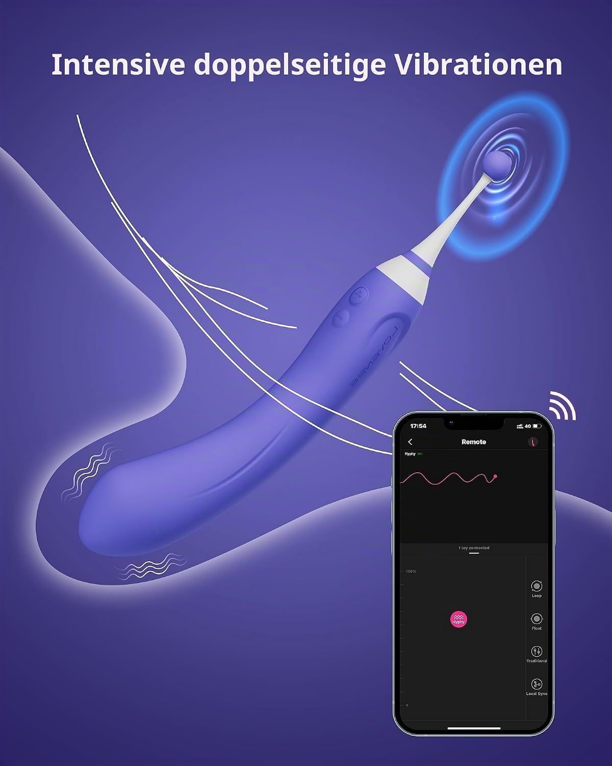 Lila Vibrator mit intensiven doppelseitigen Vibrationen, gesteuert über eine Smartphone-App.