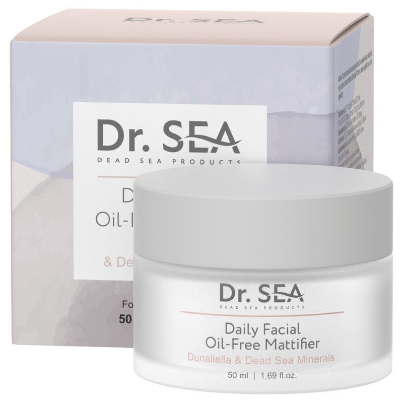 Creme-Tiegel mit Deckel. Aufschrift: Dr. SEA, Daily Facial Oil-Free Mattifier, Dunaliella & Dead Sea Minerals.