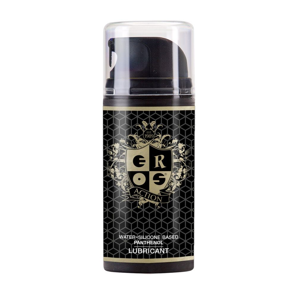 Zylinderförmige Flasche mit schwarzem Etikett. Goldfarbenes Logo "EROS Action". Text: "Water-Silicone Based Panthenol Lubricant". Transparenter Deckel.