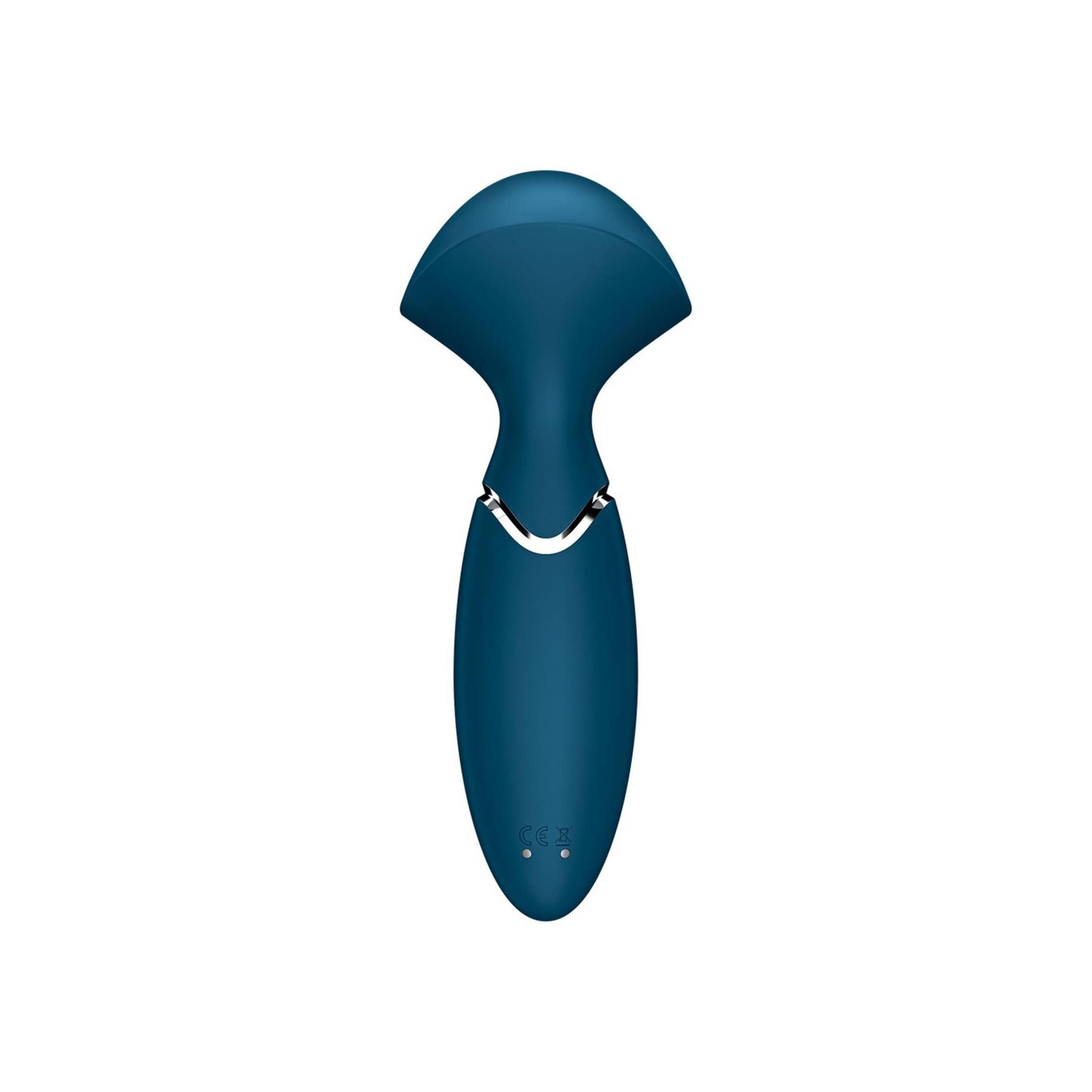 Dunkelblauer Vibrator mit geschwungener Form und silbernem Ring.