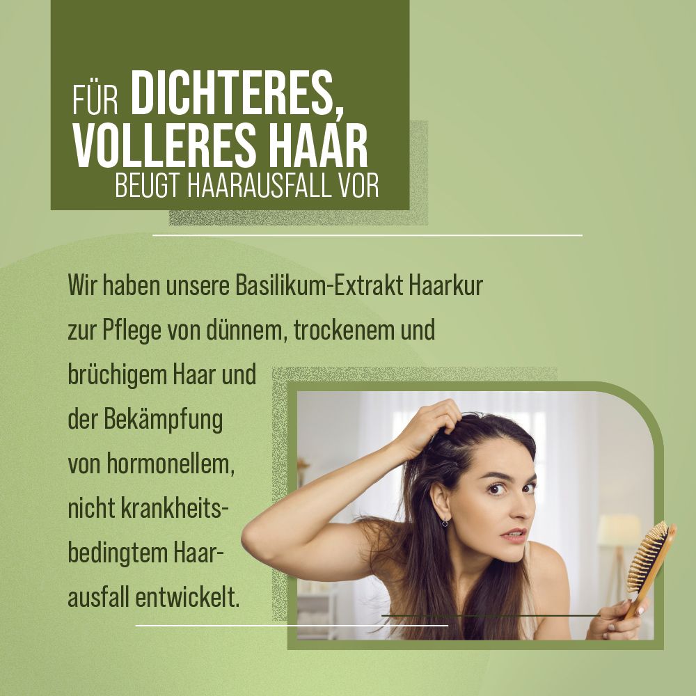 Werbung für Basilikum-Extrakt-Haarkur. Frau mit Kamm, Text: Für dichteres, volleres Haar, beugt Haarausfall vor.