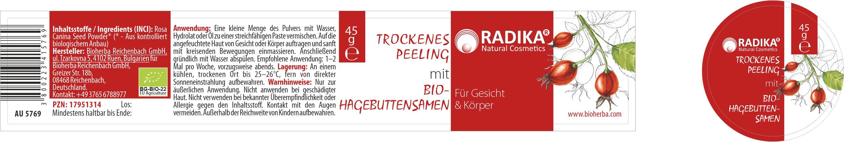 Etikett mit Produktname, Logo und Inhaltsangaben. Rotes Etikett mit weißer Schrift. Daneben ein runder Deckel.