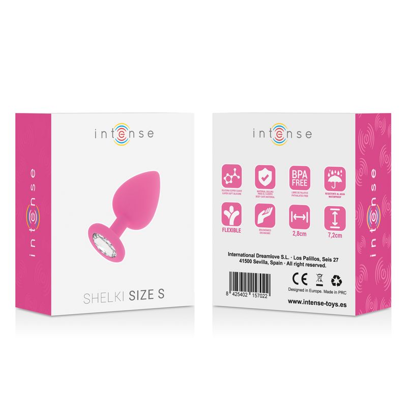 Verpackung für einen rosa Analplug. Auf der Verpackung steht "Intense Shelki Size S".