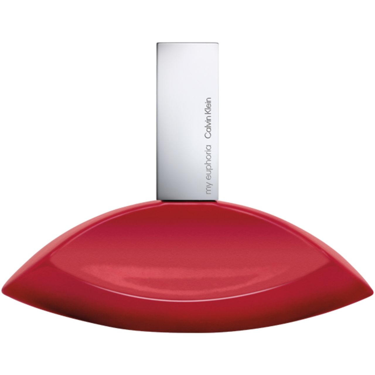 Roter Flakon mit silbernem Verschluss. Aufschrift: my euphoria Calvin Klein.
