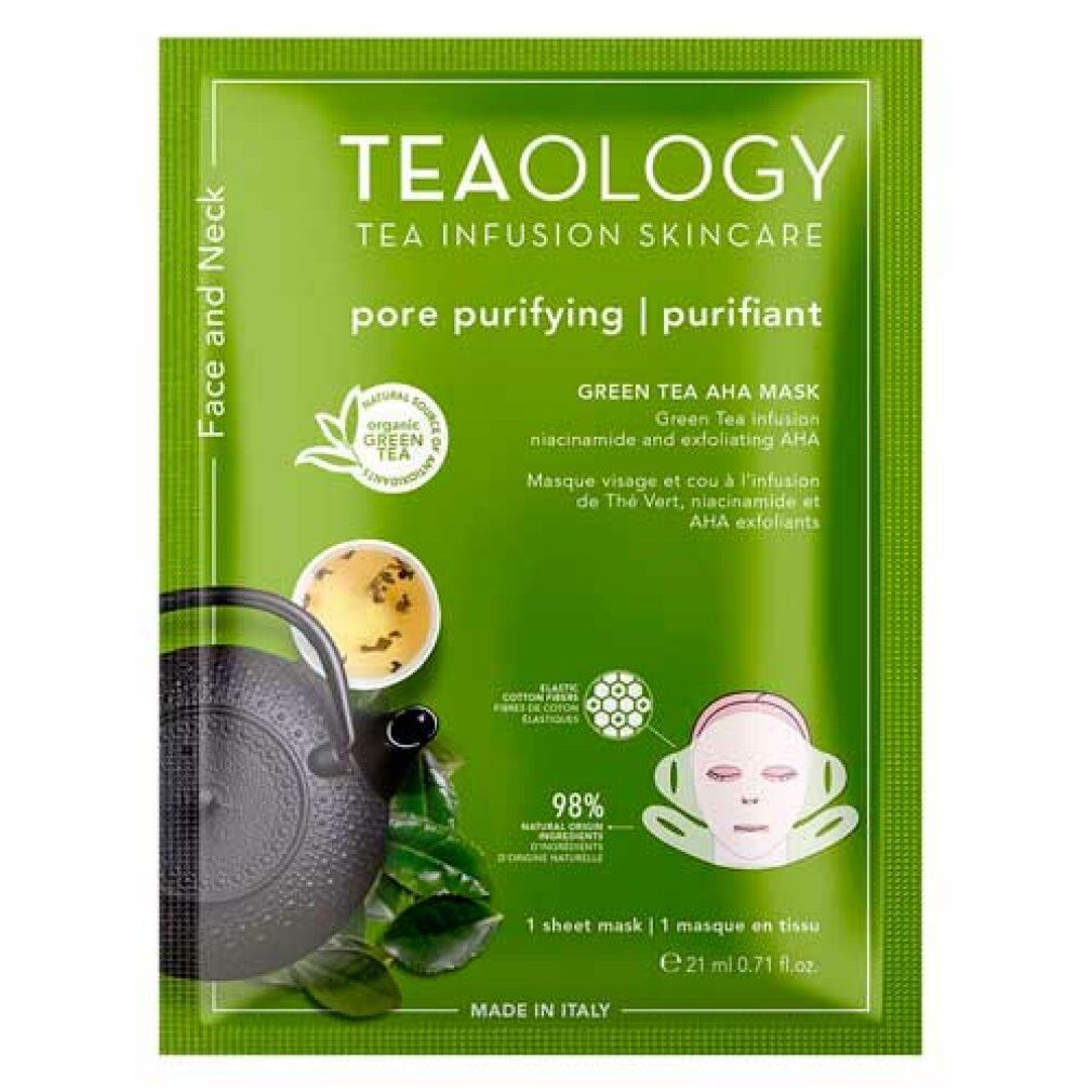 Teaology Green Tea AHA Mask Sachet: Gesichtsmaske mit grünem Tee, Niacinamid und AHA. 1 Blattmaske, 21ml.