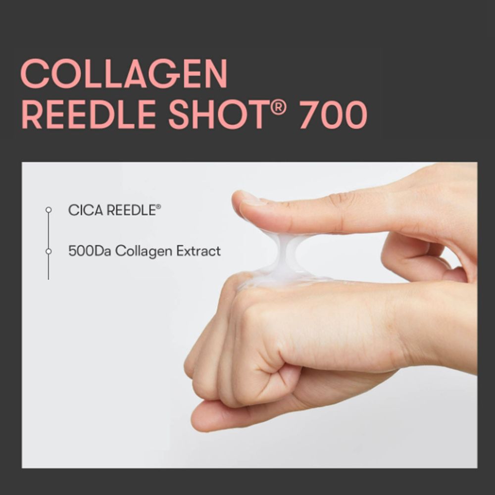 Hände mit Produkt. Text: Kollagen Reedle Shot 700. Cica Reedle und 500Da Kollagenextrakt.