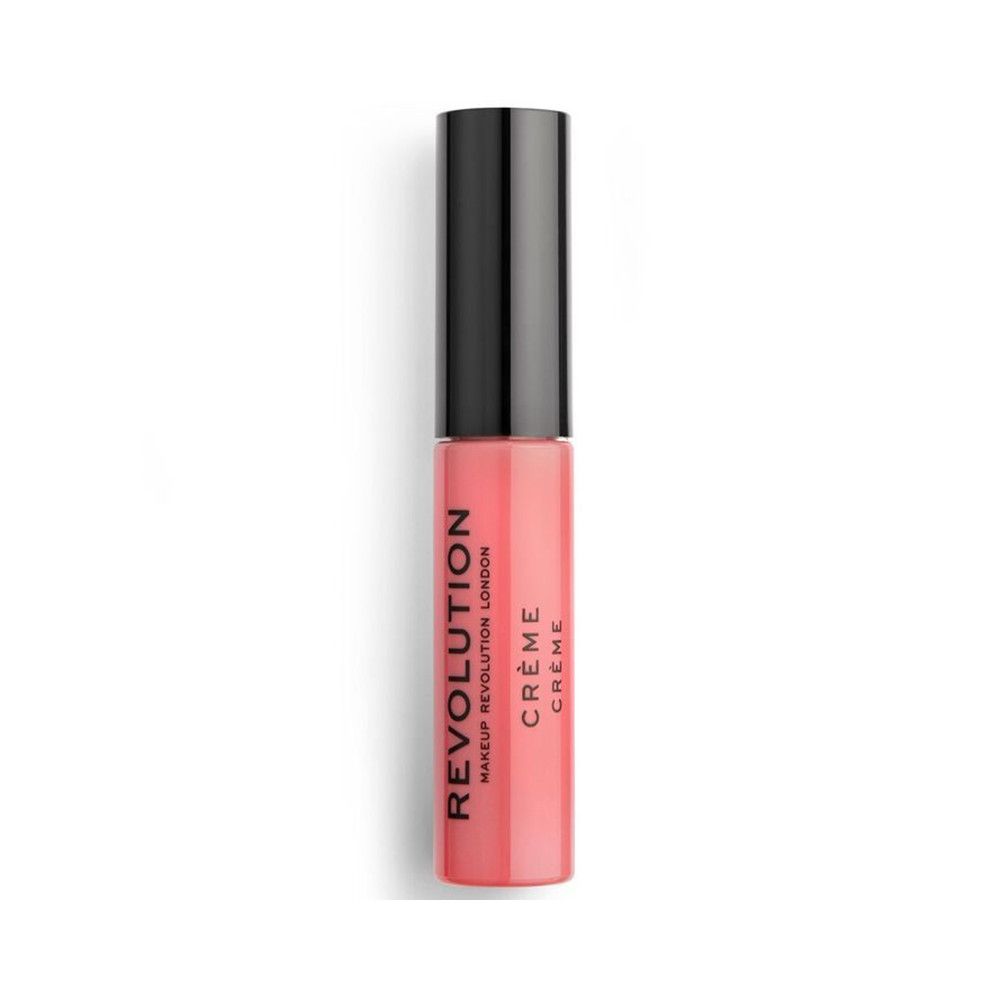 Makeup Revolution Creme Lippenstift. Rosa Lippenstift-Tube mit schwarzem Deckel. Produktname und Marke auf der Tube.