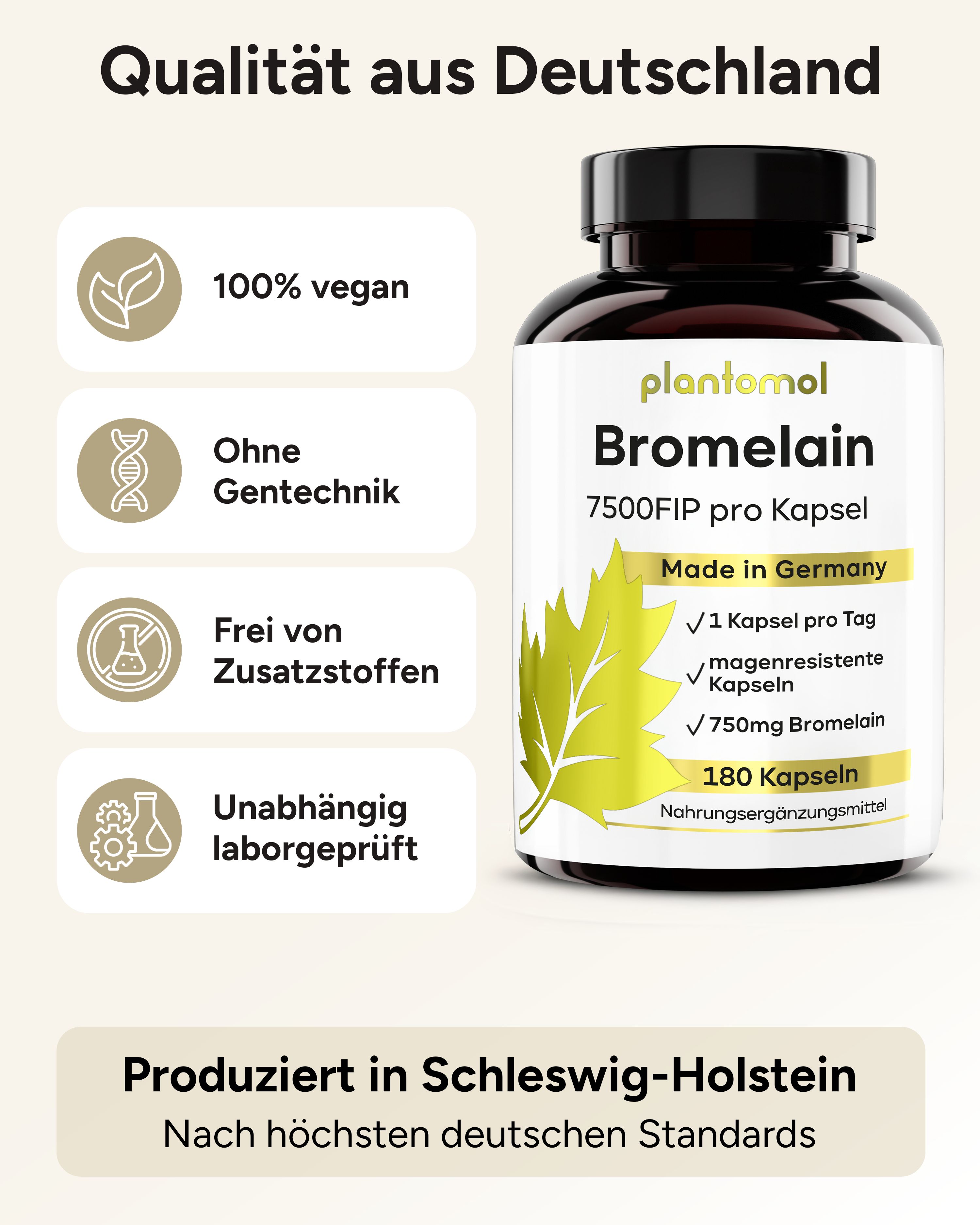 Produktflasche mit Etikett. Text: 100% vegan, ohne Gentechnik, ohne Zusatzstoffe, laborgeprüft. Made in Germany.