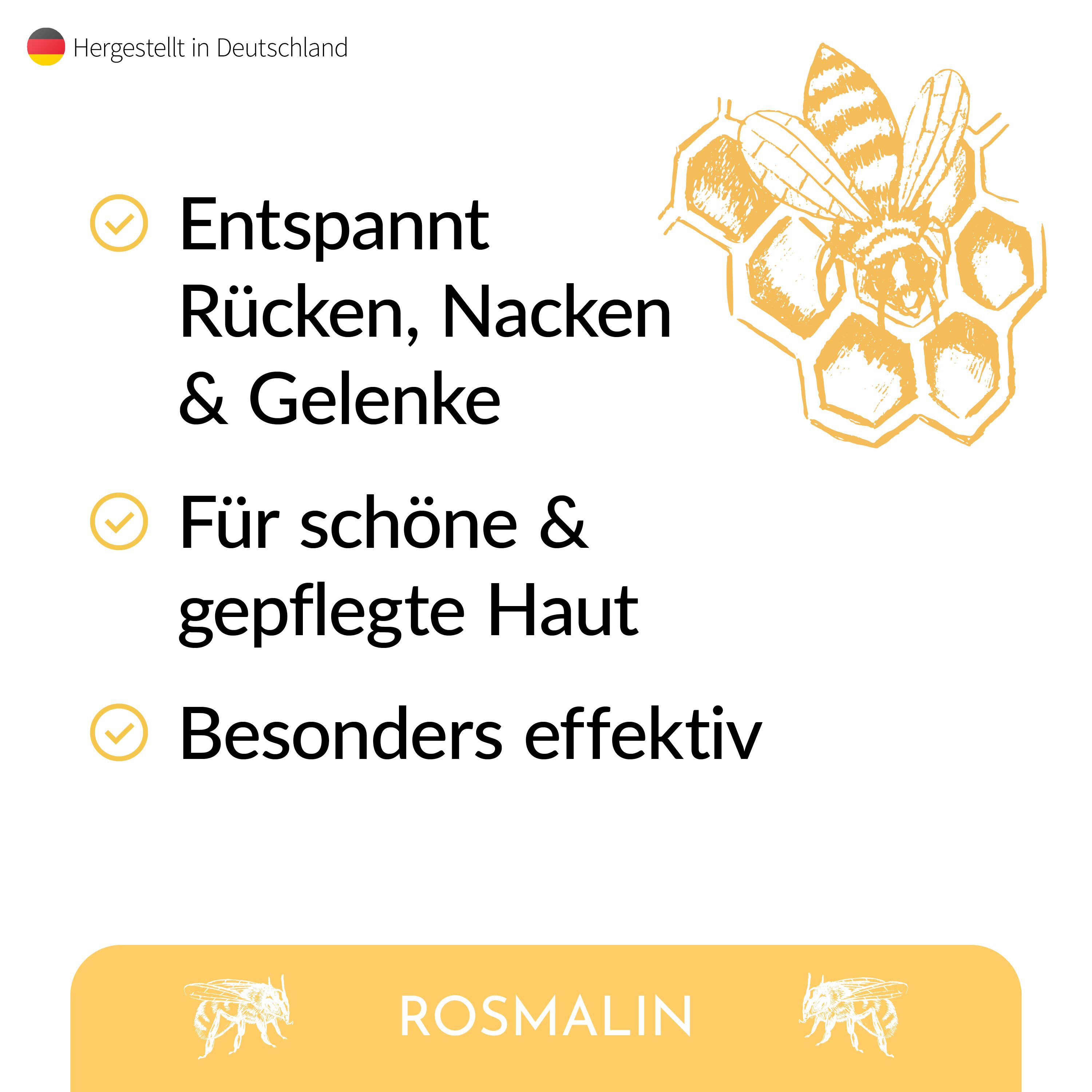 Text: Entspannt Rücken, Nacken & Gelenke. Für schöne & gepflegte Haut. Besonders effektiv. Logo Rosmalin.