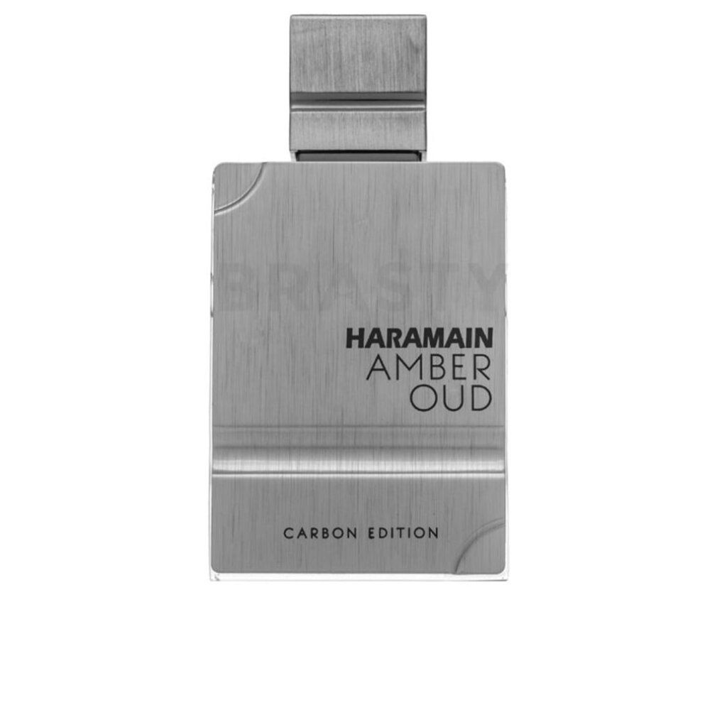 Silberfarbener Parfümflakon. Aufschrift HARAMAIN AMBER OUD CARBON EDITION. Quadratische Form mit silberfarbenem Verschluss.