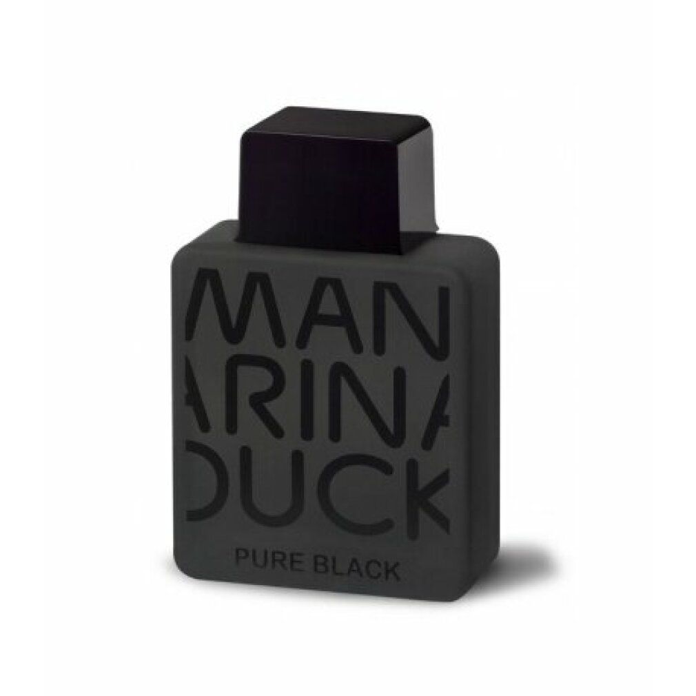 Schwarzer Flakon mit Aufschrift: Mandarina Duck Pure Black. Quadratische Form.