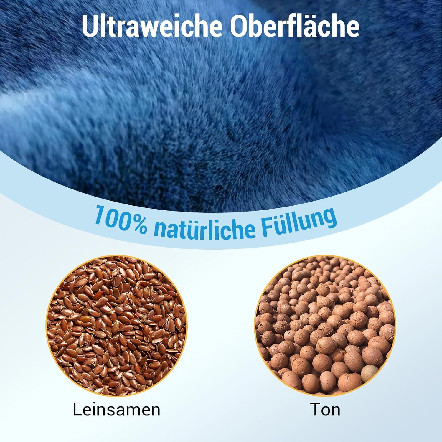 Detailansicht einer Heizdecke mit ultraweicher Oberfläche und 100% natürlicher Füllung aus Leinsamen und Ton.