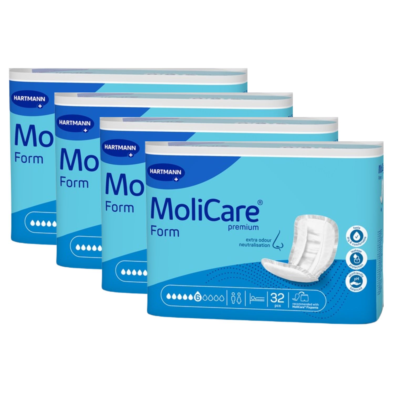 Vier Packungen MoliCare Premium Form extra plus. Blaue Verpackung mit Produktabbildung und Logo. 32 Stück pro Packung.