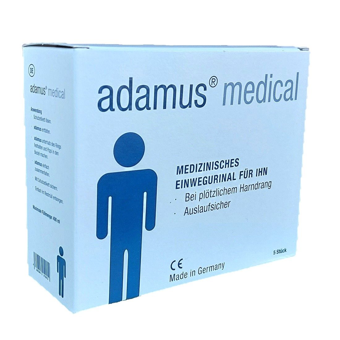 Karton von adamus® medical. Aufdruck: Medizinische Einwegurinale für Männer. CE-Kennzeichnung. 5 Stück.