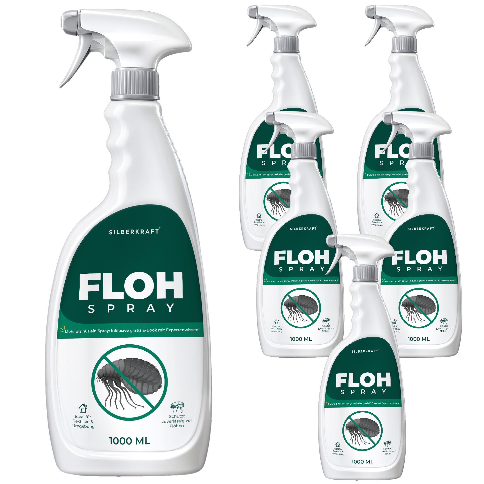 Mehrere Flaschen SILBERKRAFT Flohspray. 1000 ml Flaschen. Produkt zur Bekämpfung von Flöhen und Umgebung. Mit Abbildung einer Floh.