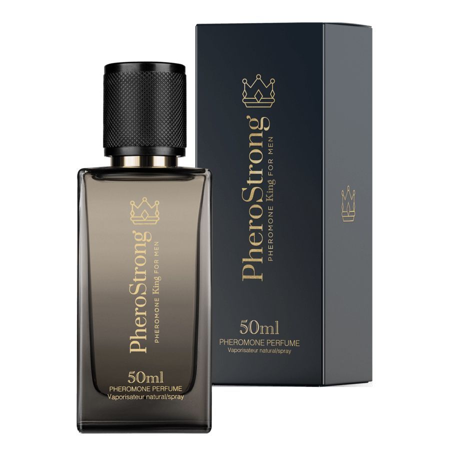 PheroStrong Pheromon Parfüm für Männer, 50ml Flakon mit schwarzem Zerstäuber und passender Schachtel.