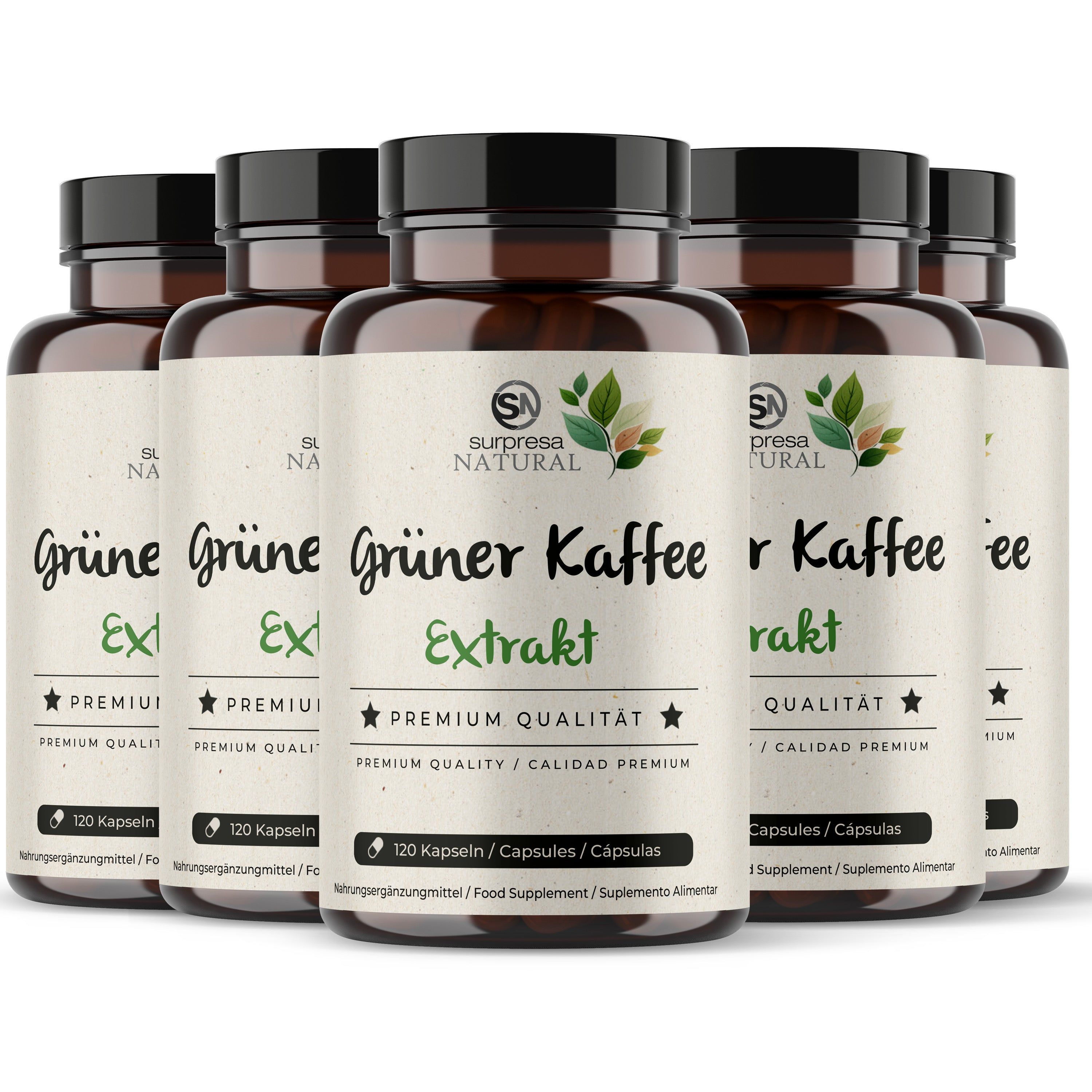 Sechs braune Kapseln, Etikett: Grüner Kaffee Extrakt, 120 Kapseln.