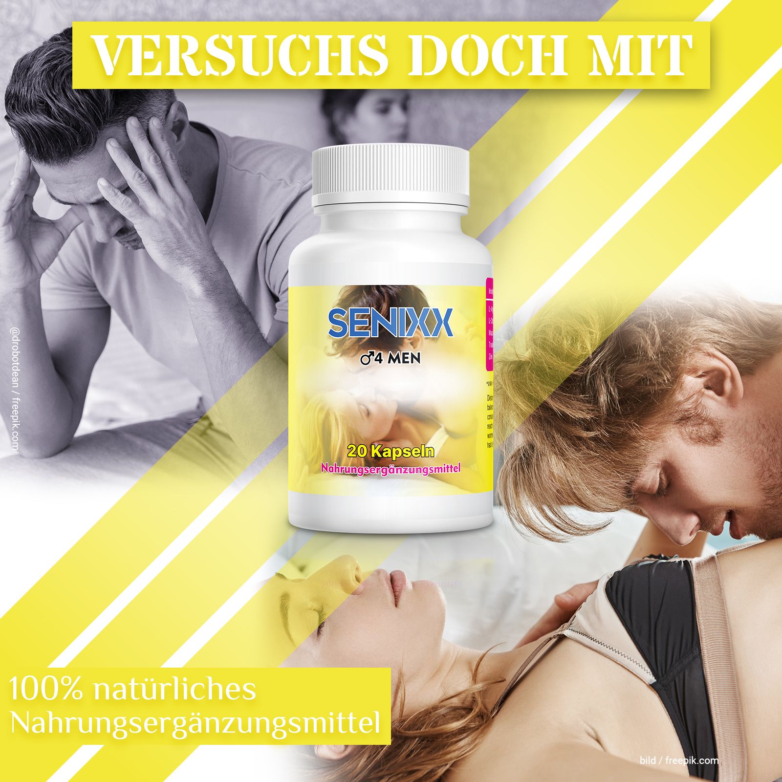 Flasche mit SENIXX 4 MEN, 20 Kapseln. Text: 100% natürliches Nahrungsergänzungsmittel. Hintergrund: Paare in intimen Situationen.