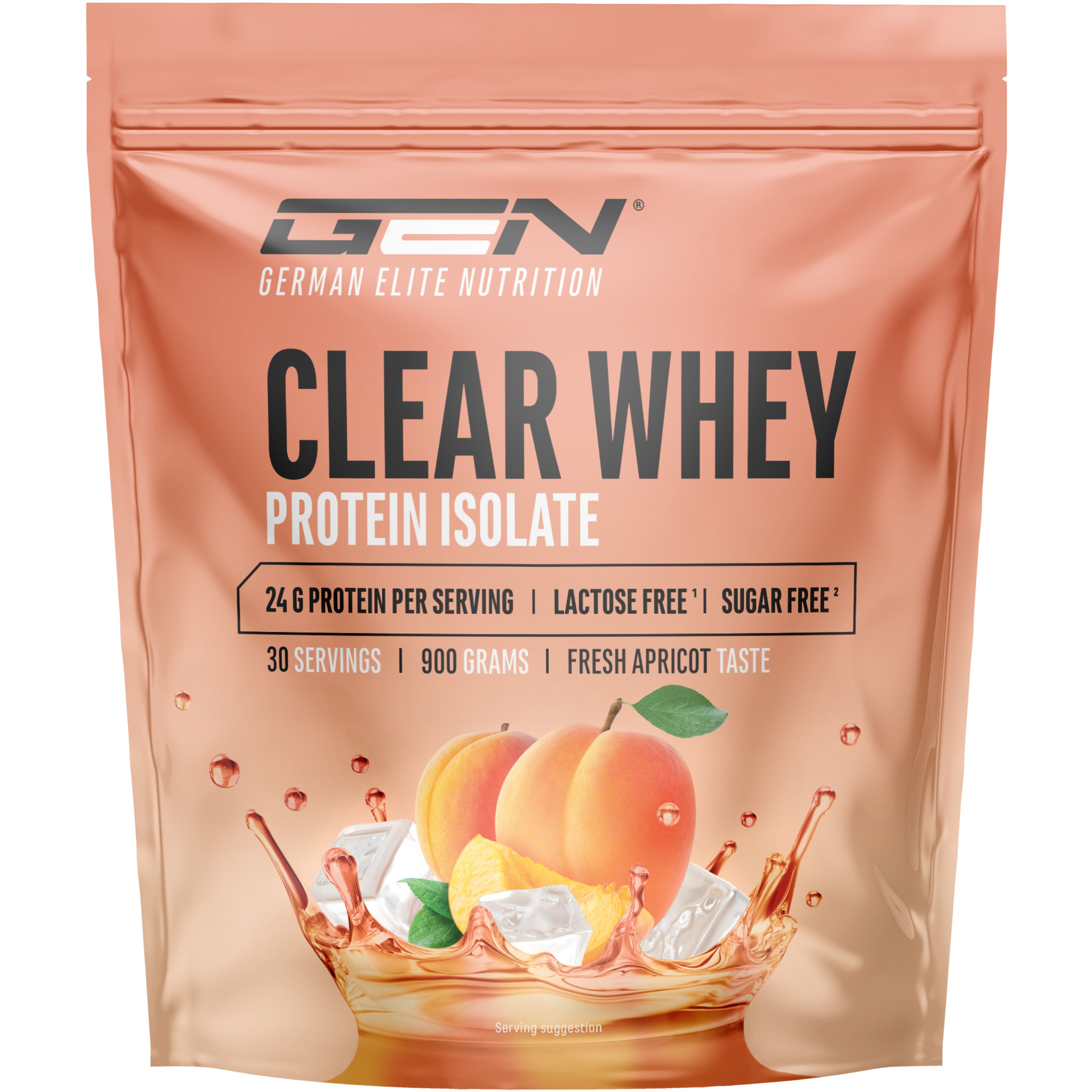 Beutel mit GEN Clear Whey Protein Isolat. Aufschrift: 24g Protein, laktosefrei, zuckerfrei, 30 Portionen, 900g, Geschmack: frische Aprikose. Abbildung von Aprikosen.