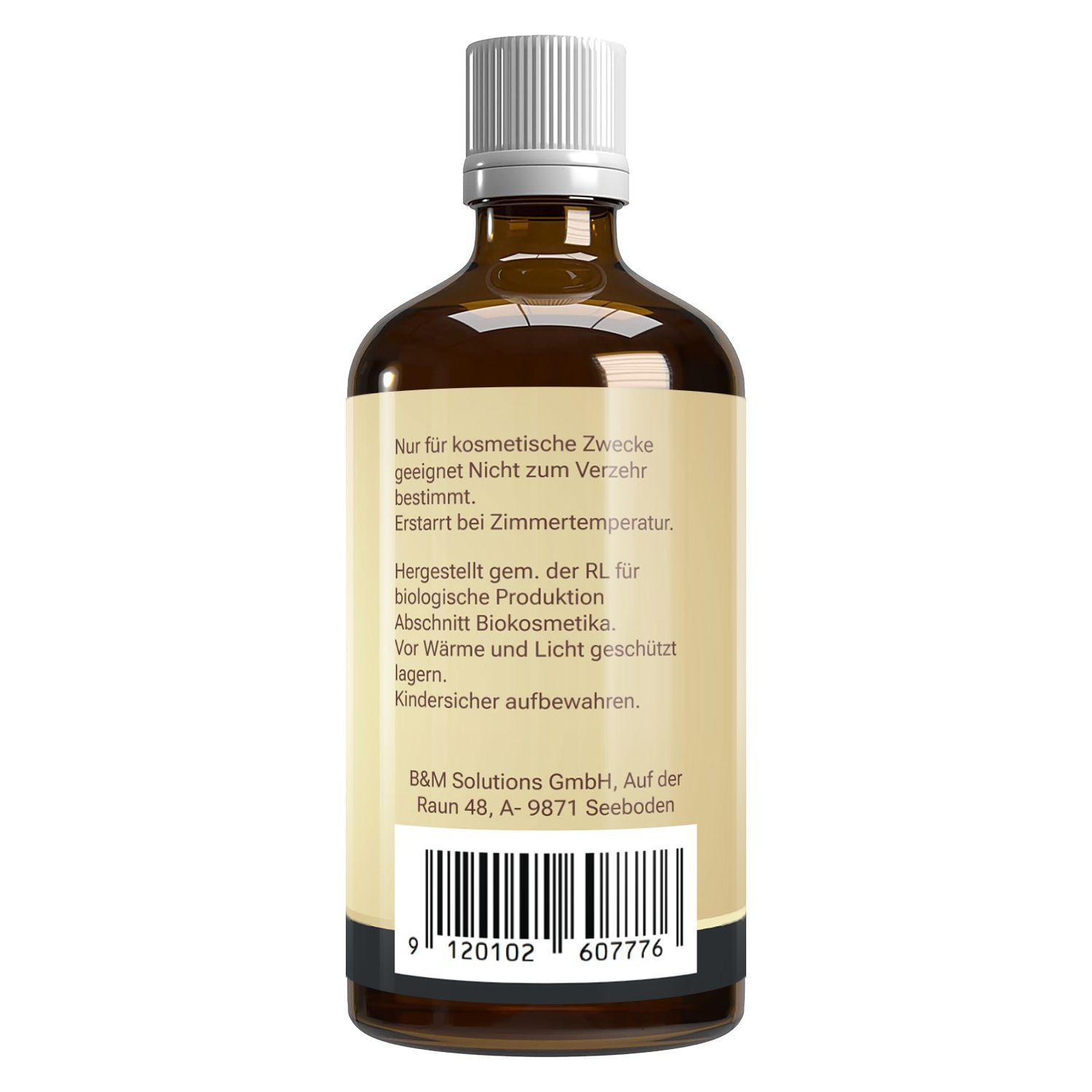 Braune Glasflasche mit weißem Deckel und Etikett. Text auf dem Etikett: Hinweise zur kosmetischen Verwendung, Herstellerinformationen und Barcode.