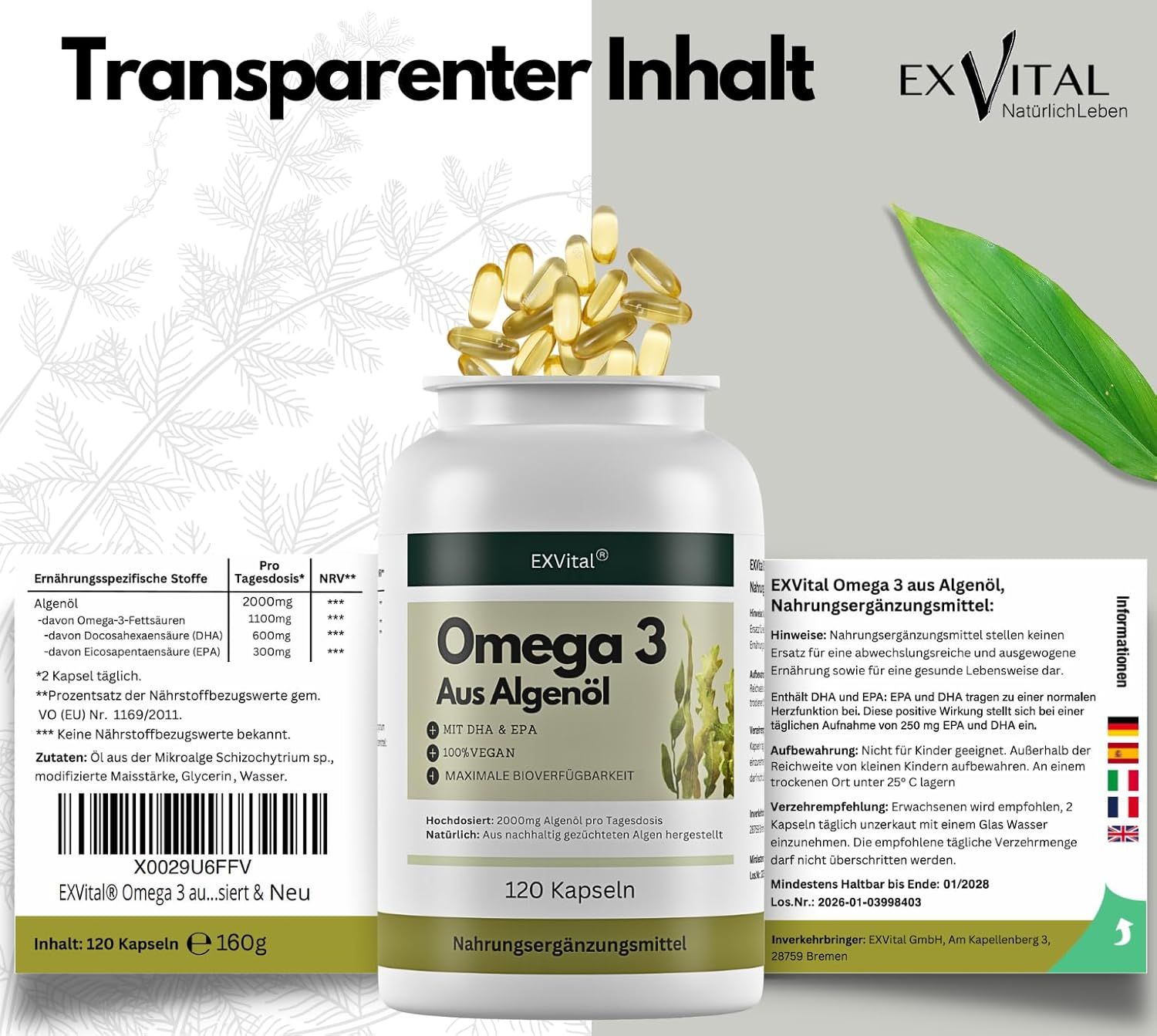 EXVital Omega 3 Aus Algenöl, 120 Kapseln. Flasche und Kapseln. Transparenter Inhalt. Nährwertangaben und Informationen.