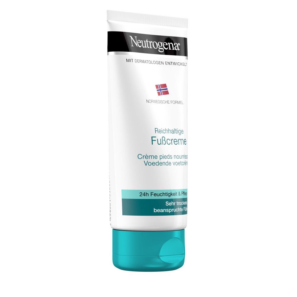 Weiße Tube mit türkisfarbenem Verschluss. Aufschrift: Neutrogena, Fußcreme, Norwegische Formel. Enthält das norwegische Flaggen-Symbol.