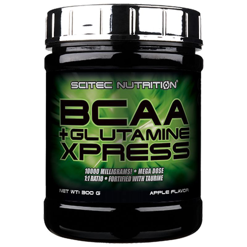 Schwarze Dose mit grünem Etikett. Aufschrift: Scitec Nutrition, BCAA + Glutamine Xpress. Apfelgeschmack. Nettogewicht: 800 g.