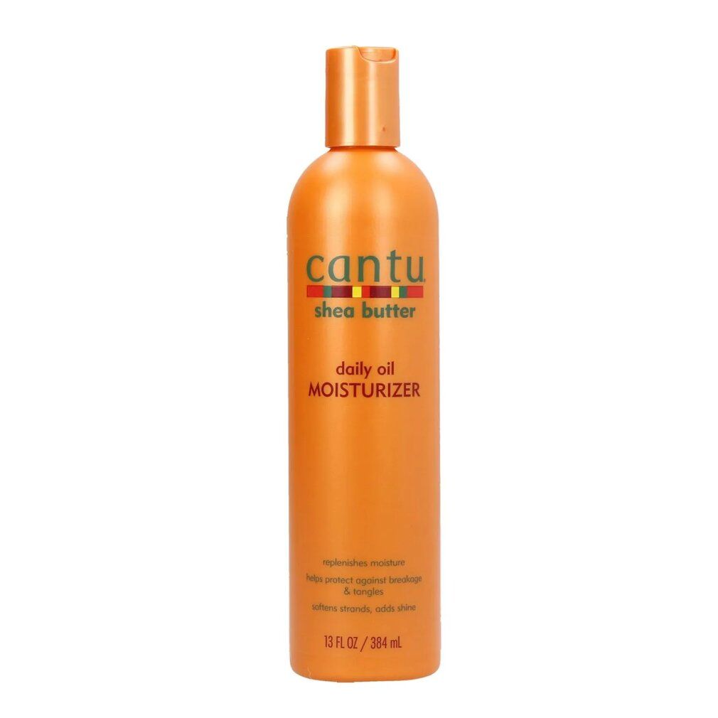 Orangefarbene Flasche mit Cantu Shea Butter Aufschrift. Produktname: Daily Oil Moisturizer. 13 fl oz / 384 ml.