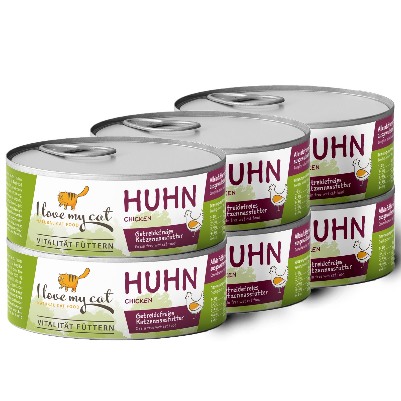 Sechs Dosen Katzenfutter mit Huhn. Aufschrift: I love my cat, Huhn, getreidefreies Nassfutter. Vitalität füttern.