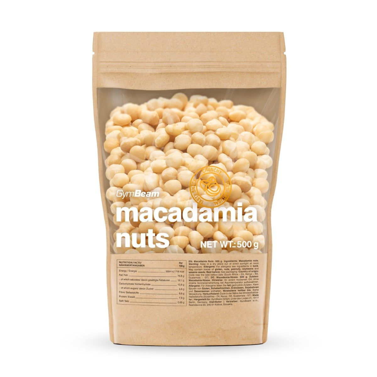 GymBeam Macadamia-Nüsse in brauner Papiertüte mit Sichtfenster, 500g.