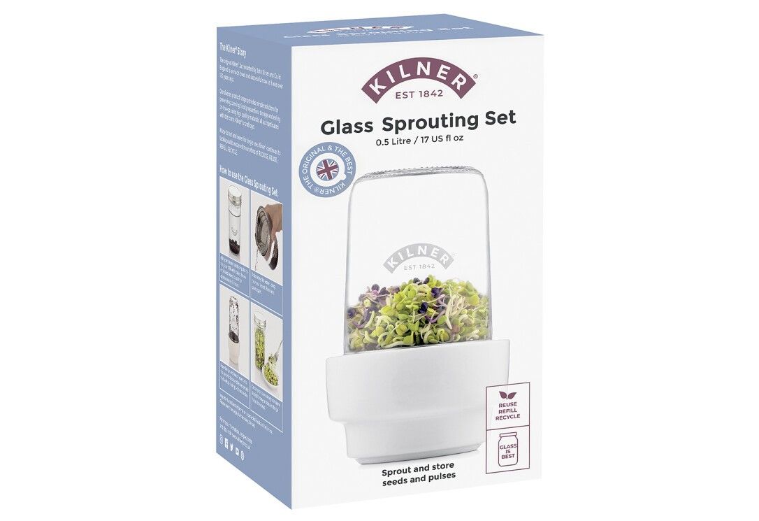 KILNER Sprossenglas-Set in Verpackung. Glas mit Sprossen, weißer Sockel. Text: Glass Sprouting Set, 0.5 Liter, Original.
