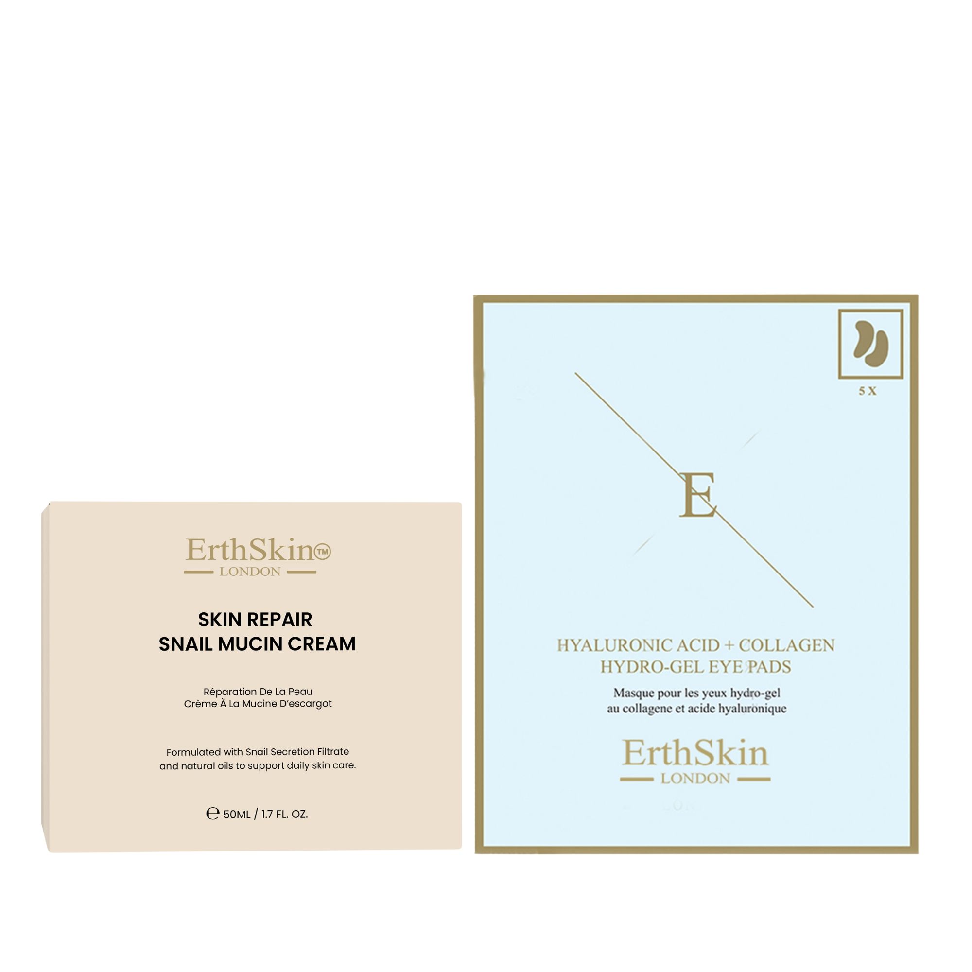 ErthSkin London Hautregenerierende Schneckencreme und Kollagen-Augenpads.