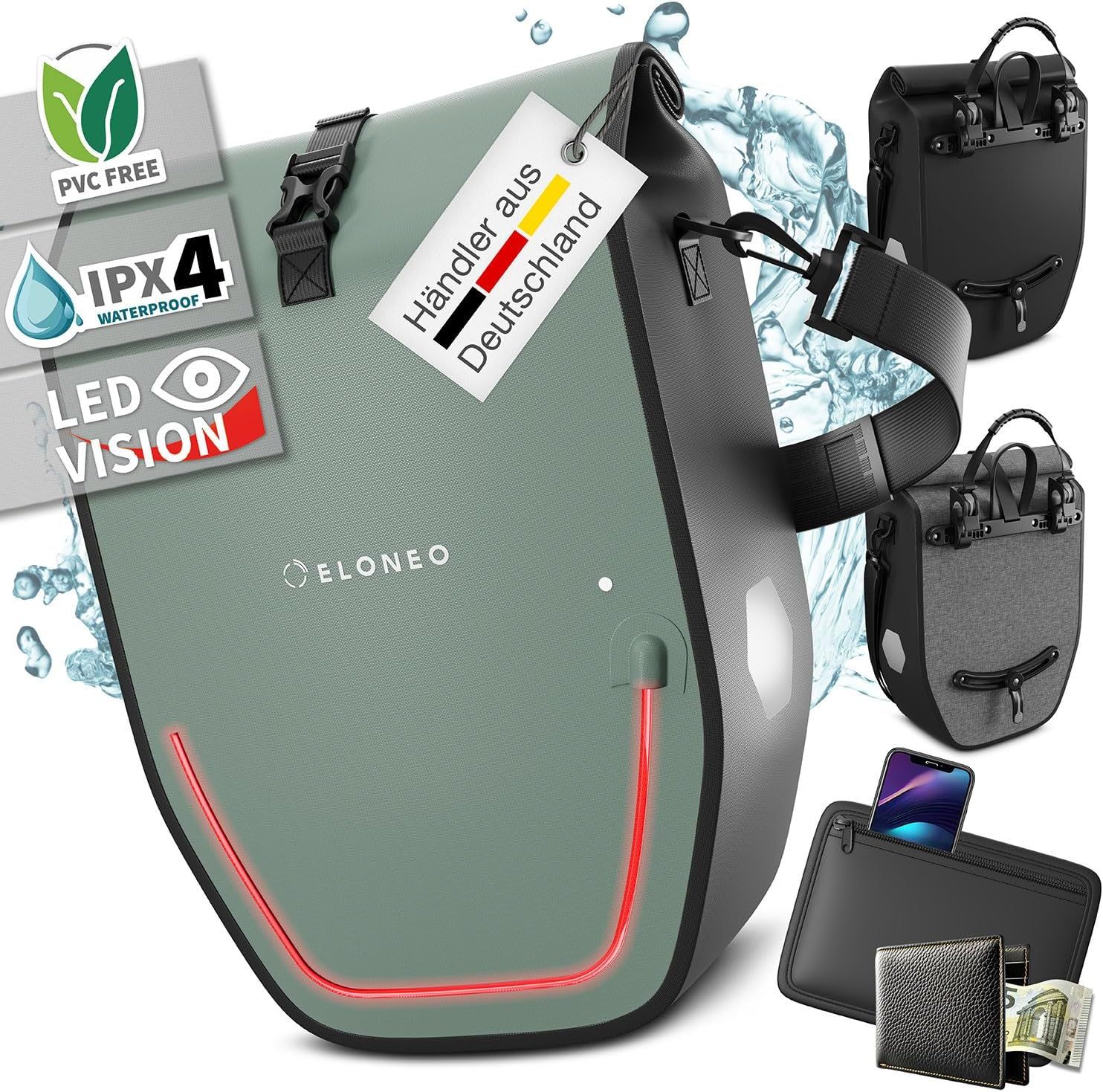 ELONEO Fahrradtasche Gepäckträgertasche, Satteltasche mit Reflektorstreifen wasserdicht mit LED