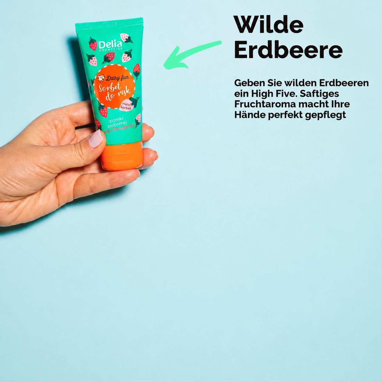 Handcreme-Tube "Wilde Erdbeere" mit Erdbeermotiv.