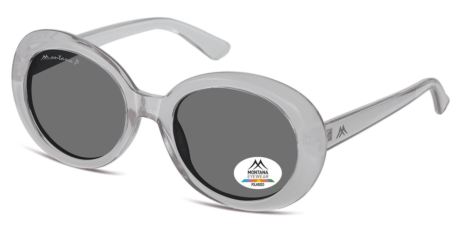 Graue Sonnenbrille, runde Gläser, Montana Eyewear Logo auf dem Glas und Bügel. Polarisiertes Glas.