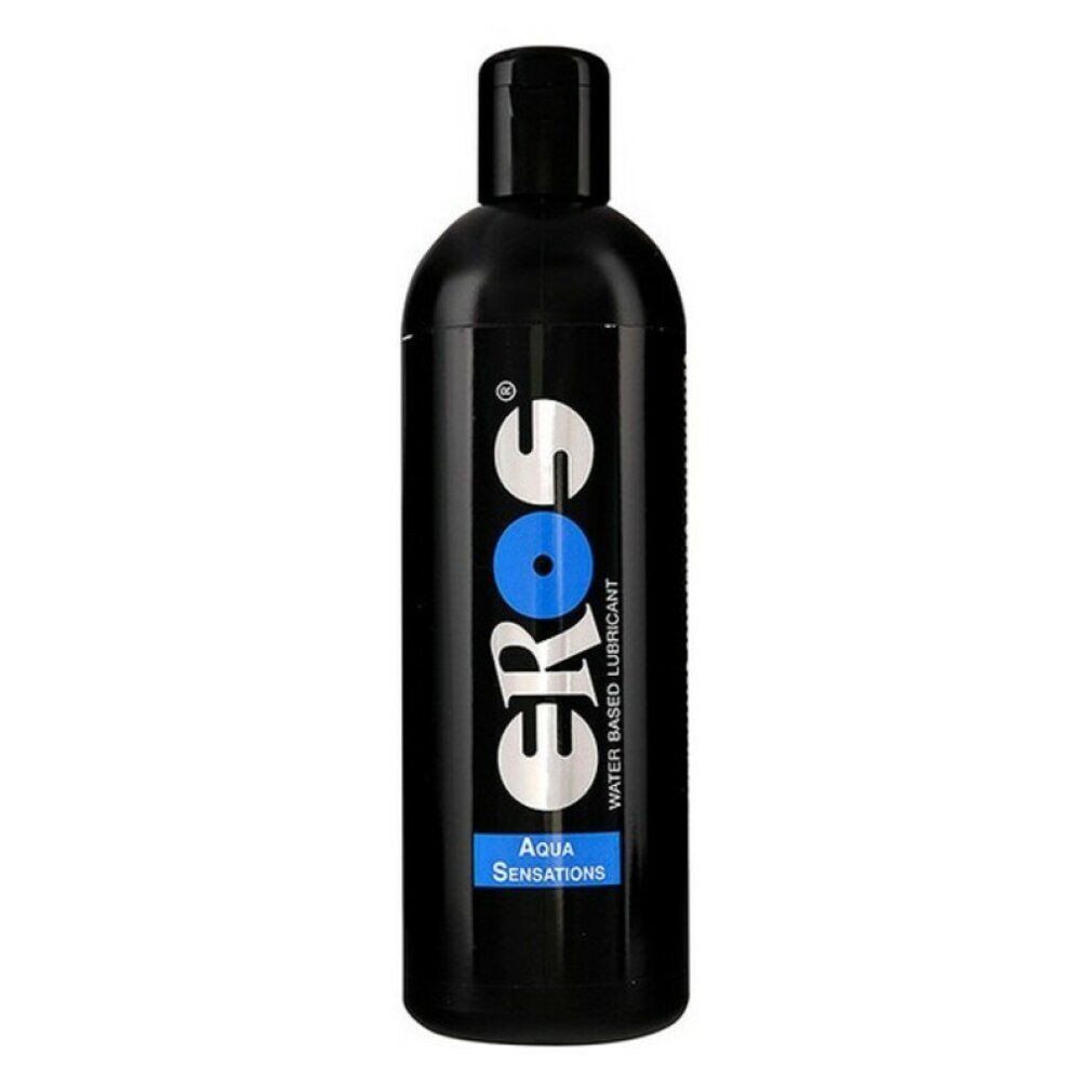 Schwarze Flasche mit weißem "Eros"-Logo und blauem Kreis. "Aqua Sensations" und "Water Based Lubricant" sind ebenfalls sichtbar.