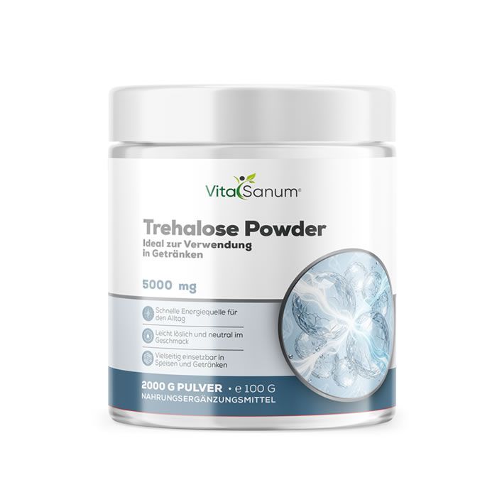 VitaSanum Trehalose Powder Dose, 100g. Enthält 5000 mg Trehalose. Ideal zur Verwendung in Getränken.