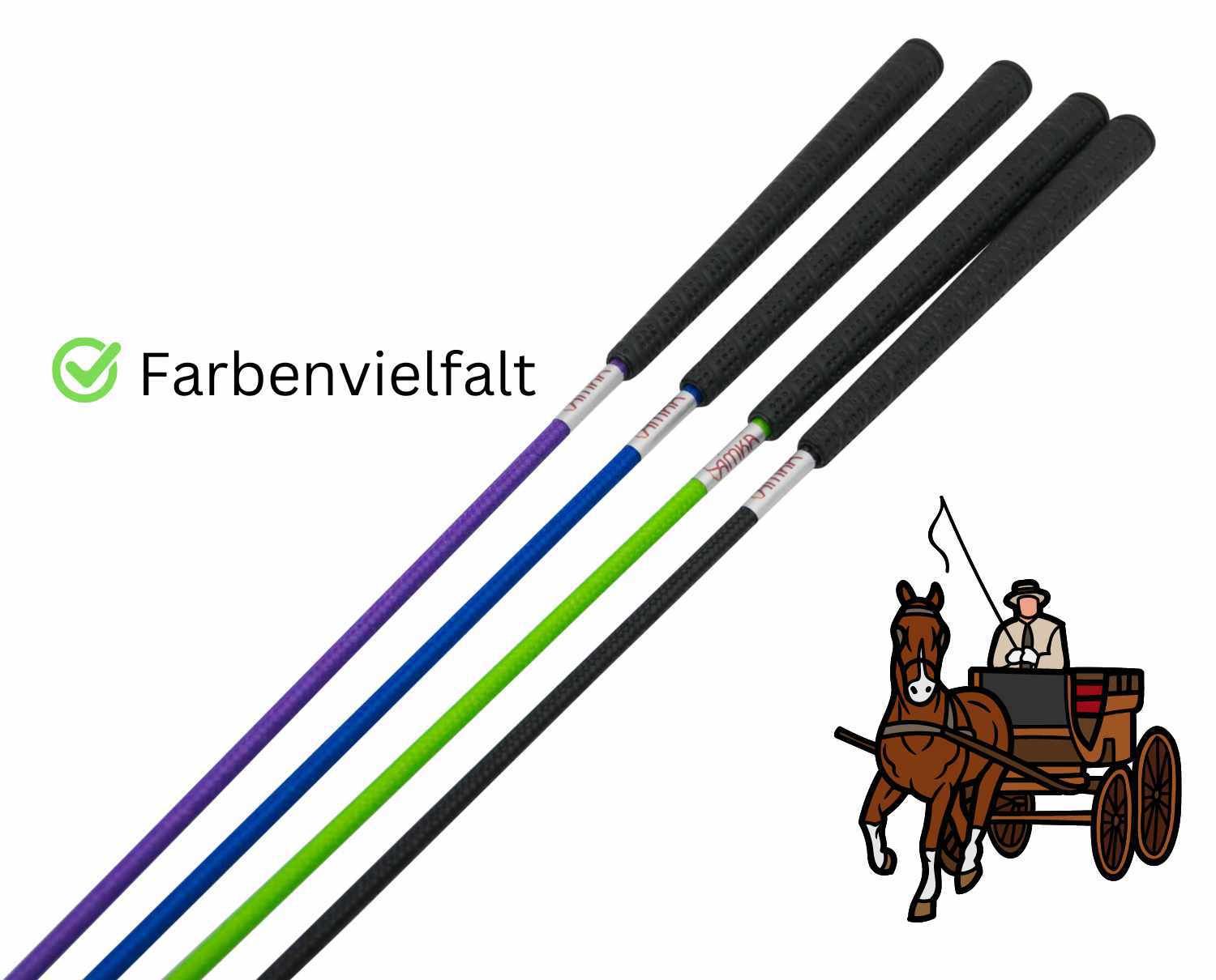 Vier Bogenpeitschen mit farbigen Schäften und schwarzen Griffen. Text: Farbenvielfalt. Illustration von Pferd und Kutsche.