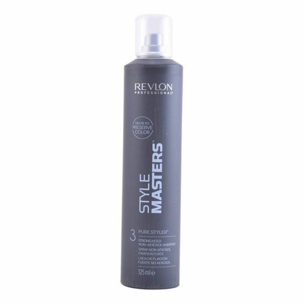 Graue Sprühflasche mit weißem Sprühkopf. Aufschrift: Revlon Professional, Style Masters, Pure Styler, Strong Hold. Enthält 325 ml.
