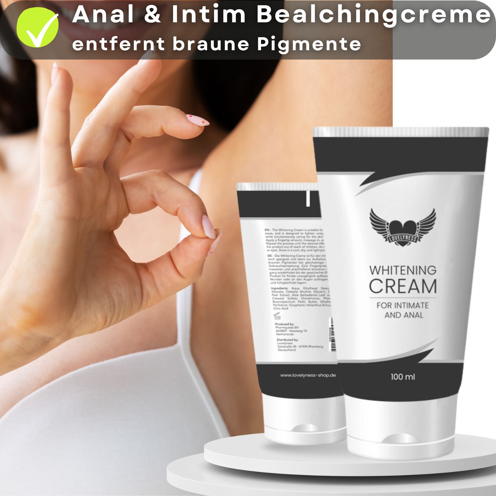 Creme-Tube mit Text. Enthält Text: Whitening Cream. Für Intim- und Analbereich. Mit Logo. 100 ml. Abbildung eines Paares.