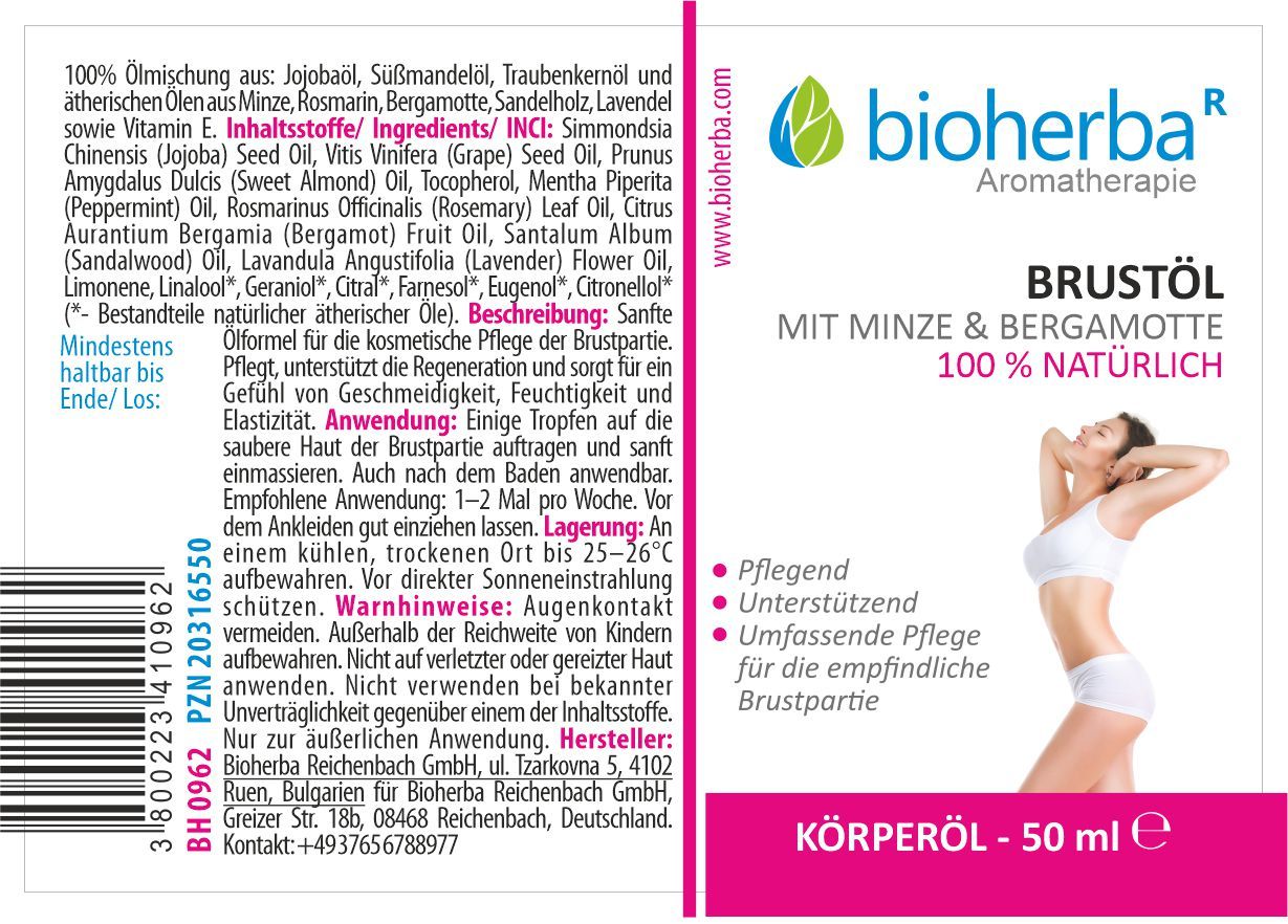 Etikett mit Text und Inhaltsstoffen. "Bioherba" und "Brustöl" lesbar. Frau auf dem Etikett abgebildet.