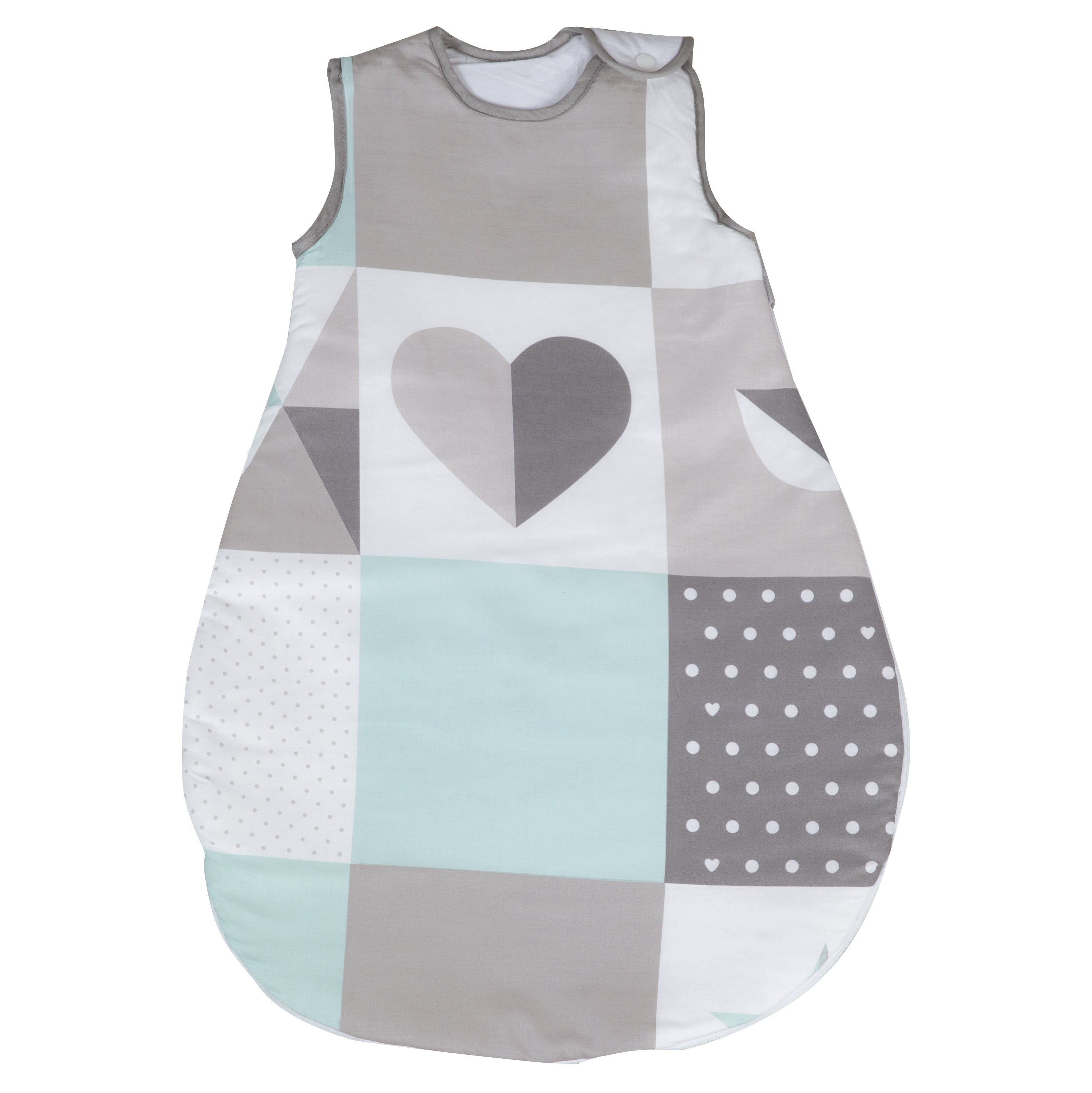 Babyschlafsack mit quadratischem Muster in Grau-, Mint- und Weißtönen. Herz- und Punktmuster. Rundhalsausschnitt und Schulterverschluss.