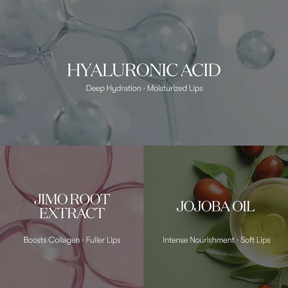 Inhaltsstoffe: Hyaluronsäure, Jimo-Wurzelextrakt, Jojobaöl. Texte: Deep Hydration, Boosts Collagen, Intense Nourishment.