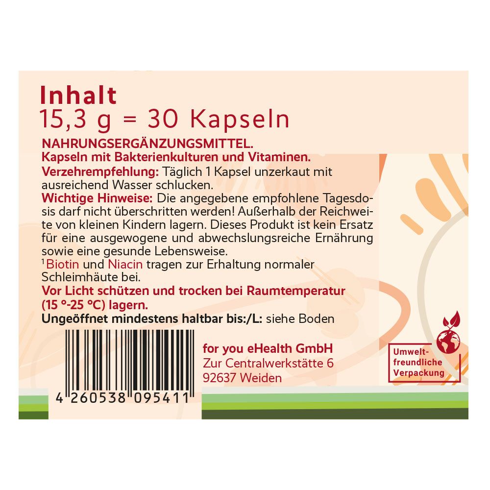 Produktverpackung. Aufschrift: 15,3 g = 30 Kapseln. Nahrungsergänzungsmittel. Verzehrempfehlung: 1 Kapsel täglich. Wichtige Hinweise. Umweltfreundliche Verpackung.