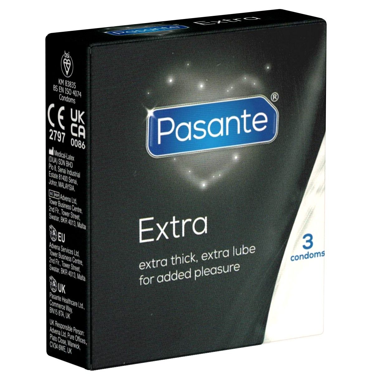 Schwarze Schachtel. Blaue Schrift: Pasante Extra. 3 Kondome. Extra dick, extra Gleitmittel.