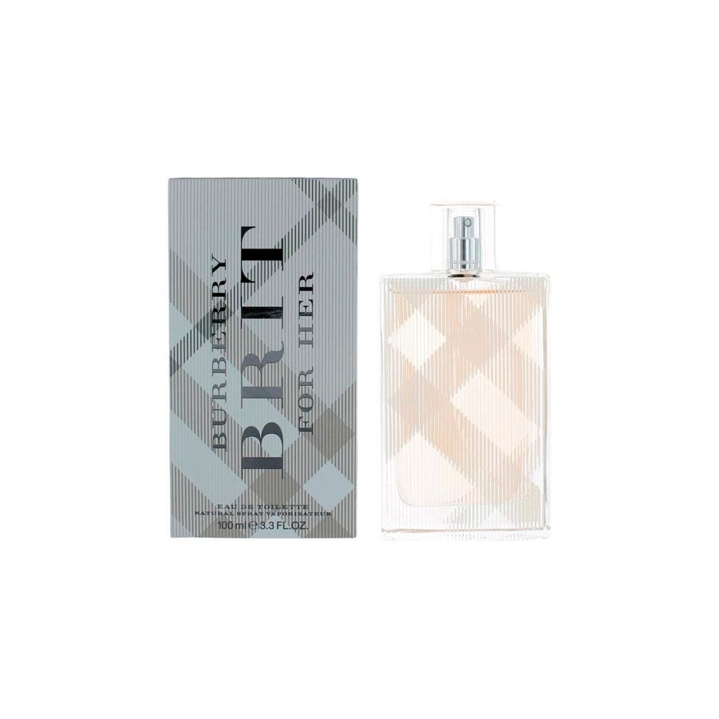 Burberry Brit for Her Eau de Toilette Spray. Flakon und Verpackung mit Karomuster. Aufschrift: Brit for Her, Eau de Toilette.
