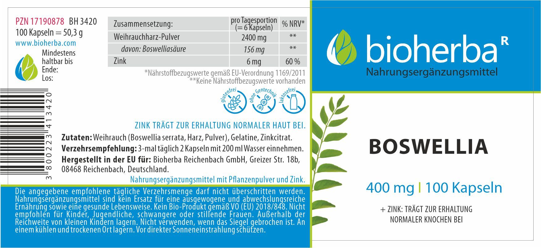 Etikett mit Produktinformationen. Enthält Boswellia, Zink. 100 Kapseln. Marke: bioherba. Text in Deutsch.