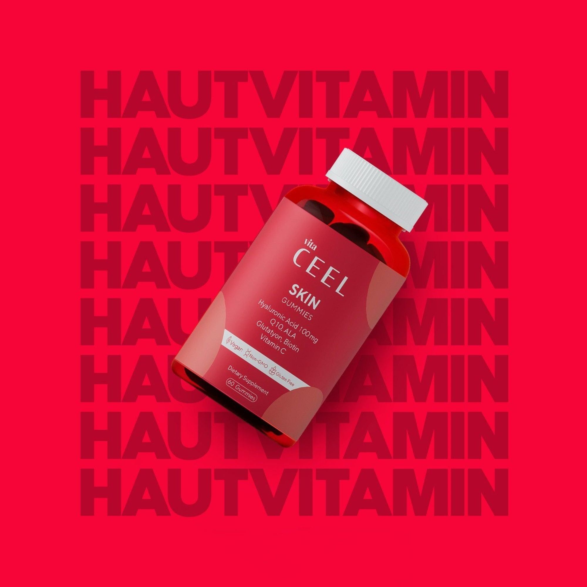Rote Flasche mit vita CEEL SKIN GUMMIES. Enthält Hyaluronsäure, CoQ10, Biotin, Vitamin C.