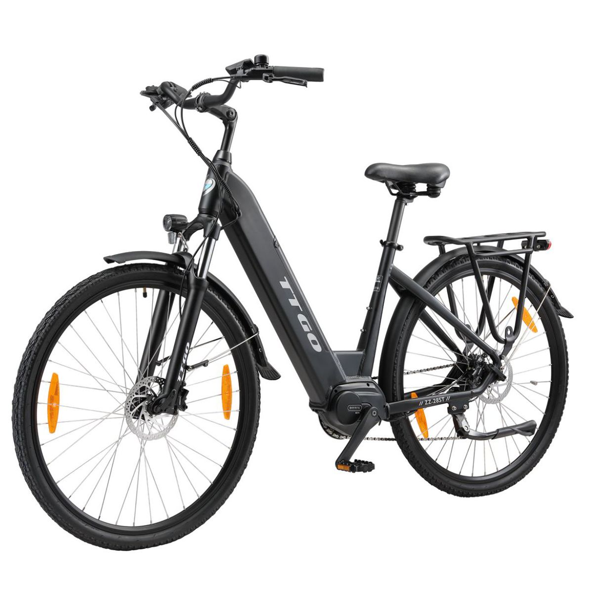 Schwarzes Elektrofahrrad mit Gepäckträger, Schutzblechen und TTGO-Logo. Kenda-Reifen und orangefarbene Reflektoren.